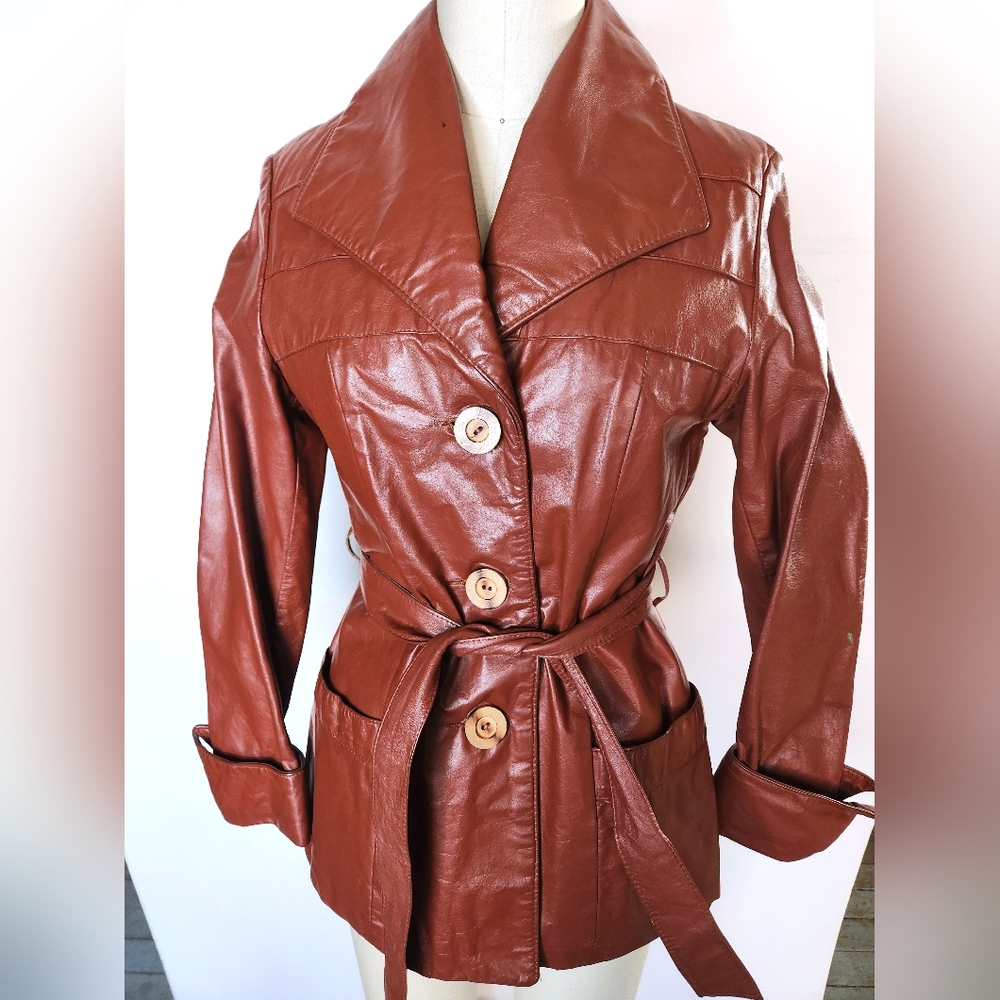 70s Brown Leather Coat Jacket Trench Coat Jacket Belted Quilted Lining XXS XS - Picture 5 of 12